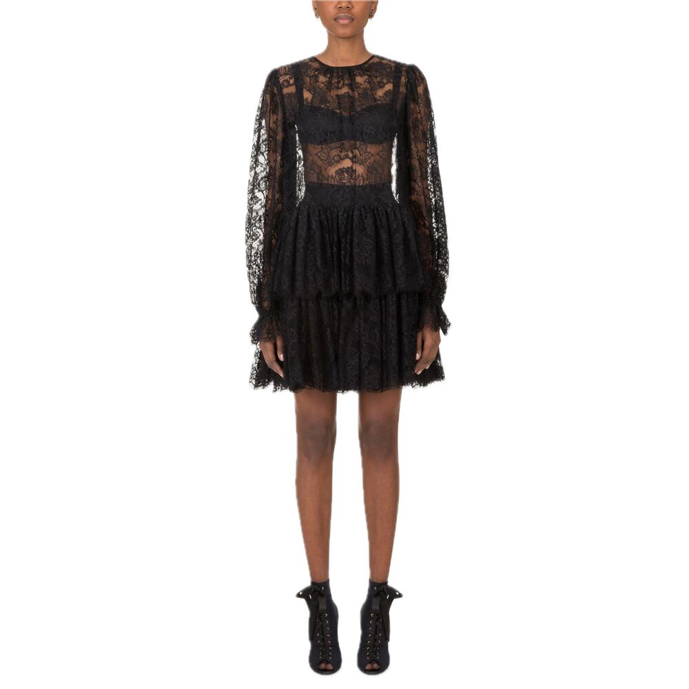 NWT Dolce & Gabbana Black Ruffled Short Lace Dress 40 S